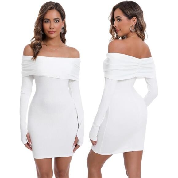Womens Off The Shoulder Long Sleeves Mini Dress White - Picture 1 of 6